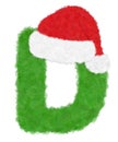 3D Ã¢â¬ÅGreen wool fur feather letterÃ¢â¬Â creative decorative with Red Christmas hat, Character D isolated in white background Royalty Free Stock Photo